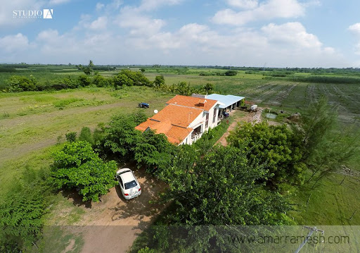 A drone view of our farmhouse.